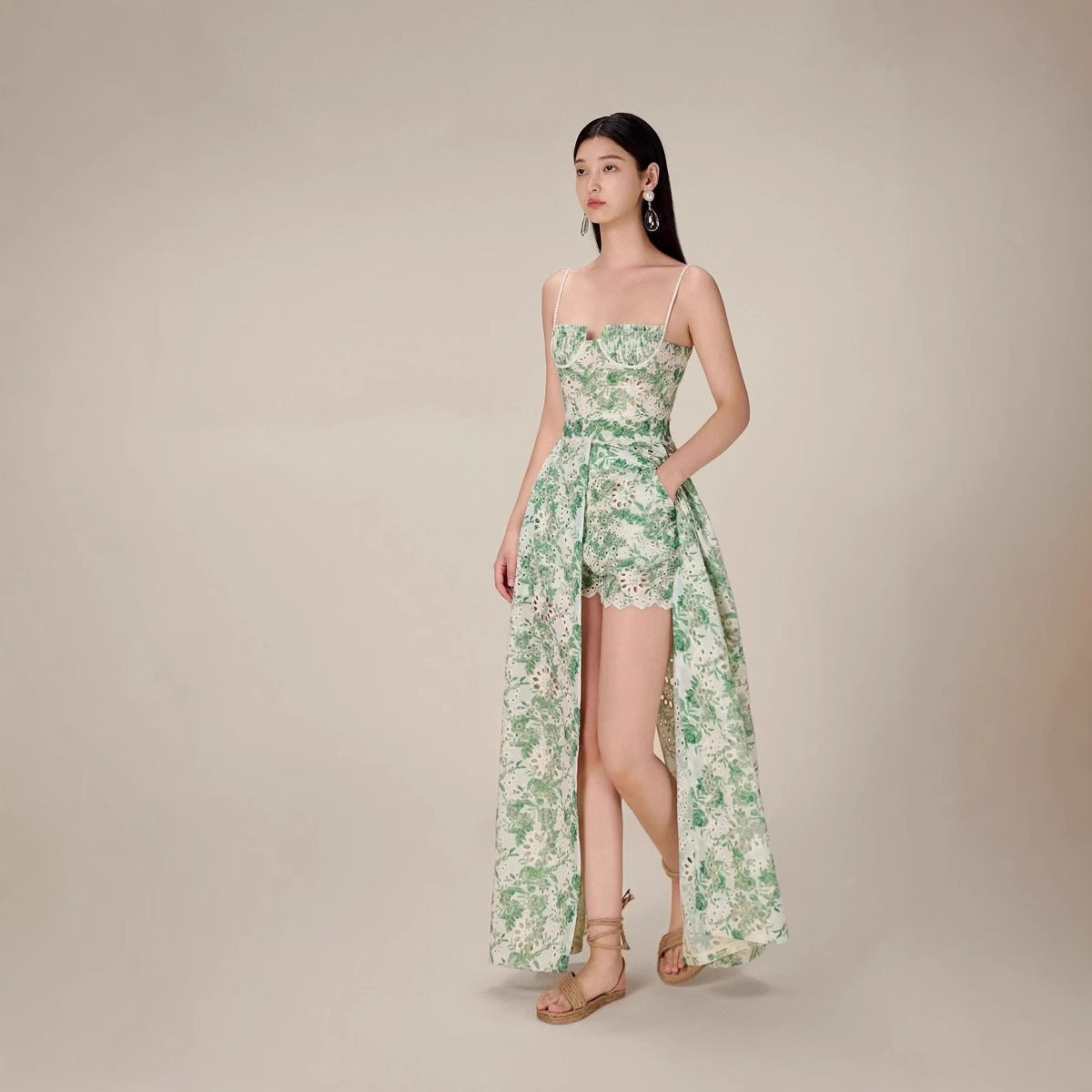 Elegant Green Lace Hollow Out Maxi Dress with High Slit – Retro Evening & Party Wear