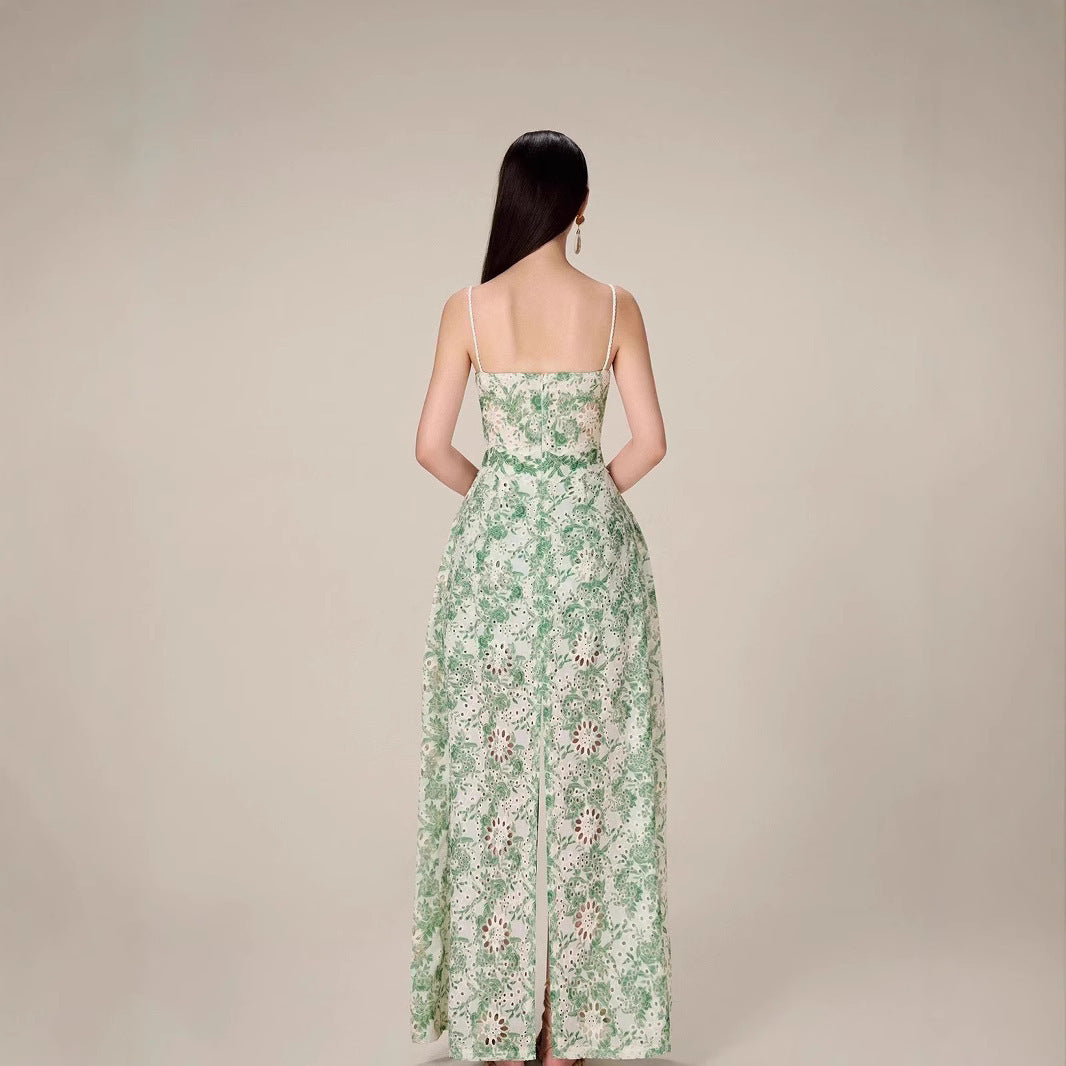 Elegant Green Lace Hollow Out Maxi Dress with High Slit – Retro Evening & Party Wear