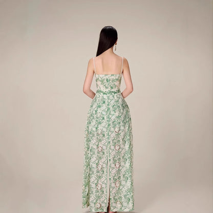 Elegant Green Lace Hollow Out Maxi Dress with High Slit – Retro Evening & Party Wear