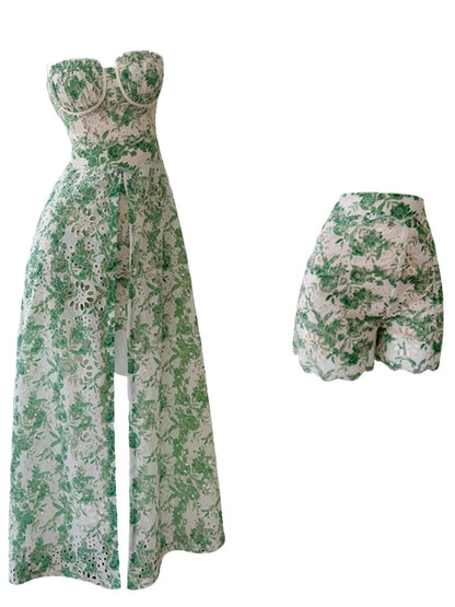 Elegant Green Lace Hollow Out Maxi Dress with High Slit – Retro Evening & Party Wear