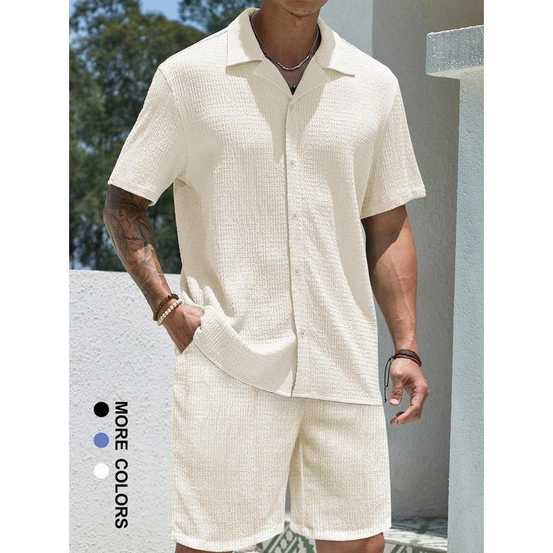 Men’s Solid Color Two-Piece Outfit – Casual Short Sleeve Shirt & Shorts Set