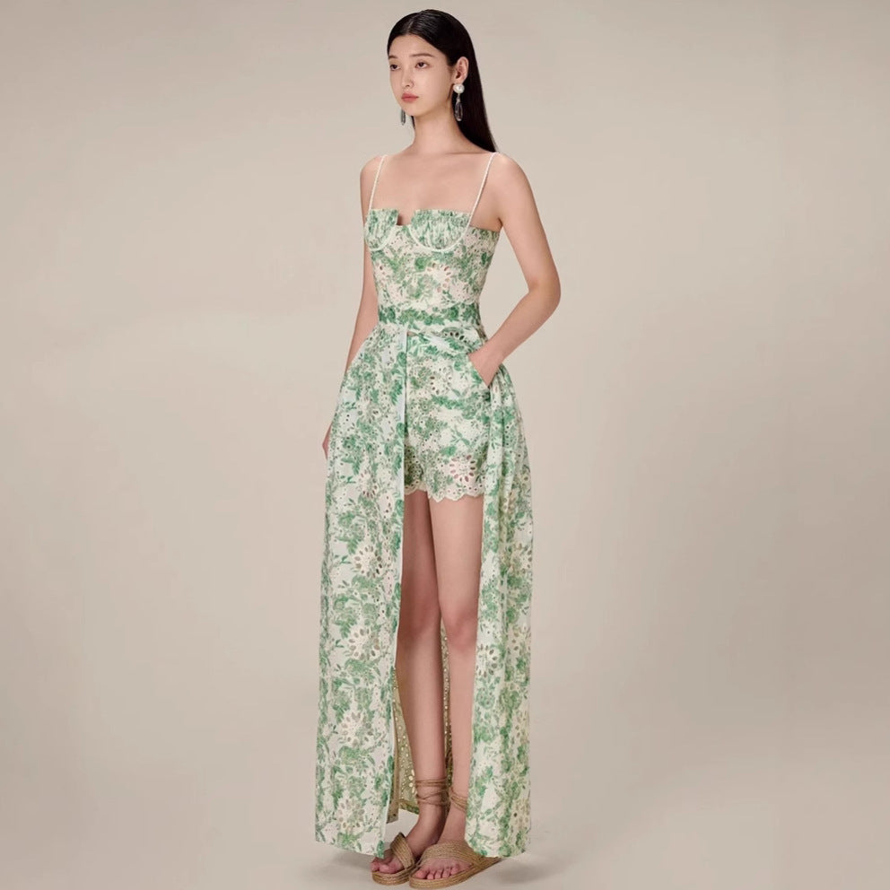 Elegant Green Lace Hollow Out Maxi Dress with High Slit – Retro Evening & Party Wear
