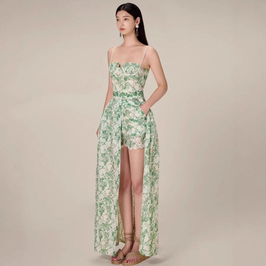 Elegant Green Lace Hollow Out Maxi Dress with High Slit – Retro Evening & Party Wear