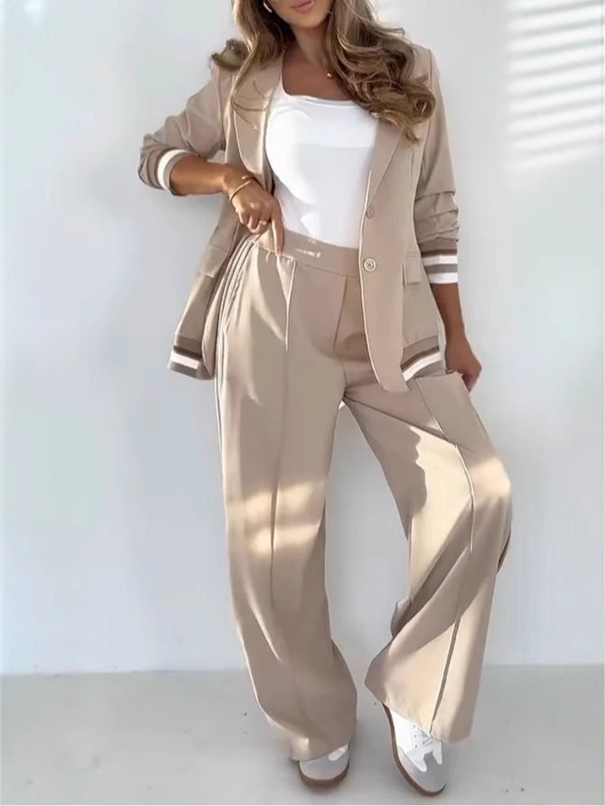 2 Piece Women’s Suit Set – Blazer & Wide Leg Pants | Elegant Office Outfit, High Waist Trousers, Long Sleeve Jacket