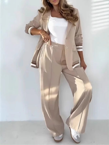 2 Piece Women’s Suit Set – Blazer & Wide Leg Pants | Elegant Office Outfit, High Waist Trousers, Long Sleeve Jacket