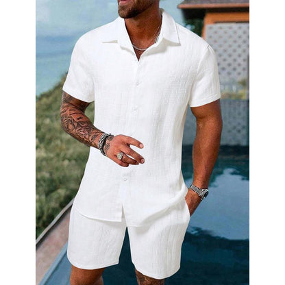 Men’s Solid Color Two-Piece Outfit – Casual Short Sleeve Shirt & Shorts Set