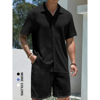 Men’s Solid Color Two-Piece Outfit – Casual Short Sleeve Shirt & Shorts Set