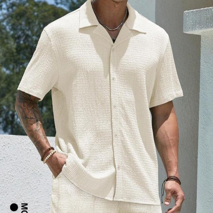 Men’s Solid Color Two-Piece Outfit – Casual Short Sleeve Shirt & Shorts Set