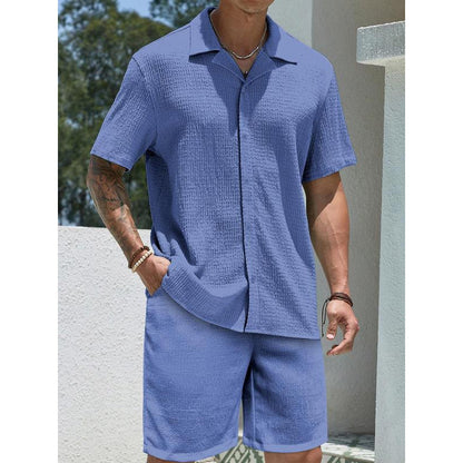 Men’s Solid Color Two-Piece Outfit – Casual Short Sleeve Shirt & Shorts Set
